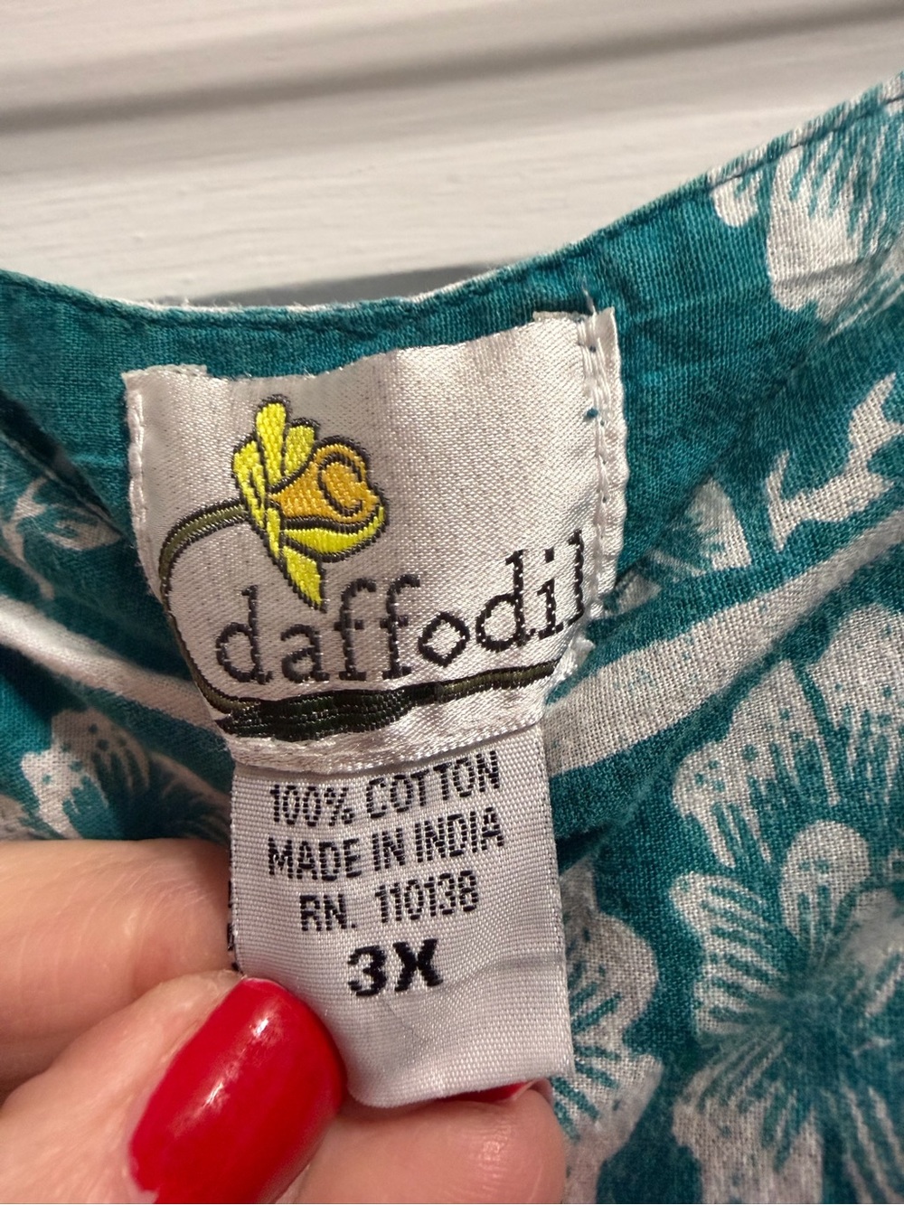 Daffodil Teal Floral Cotton Maxi Short Sleeve Dress with White Flowers - 3X - Picture 4 of 5
